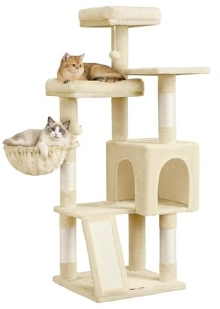 Feandrea Arbre à Chat, Tour pour Chat avec Poteaux à Griffer et Rampe, 3 Grandes Plateformes, 1 Niche, 1 Panier, 2 Pompons, 136 cm de Haut, Beige Sable PCT012LF01