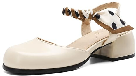 Wtharosa Zapatos Mary Jane de Plataforma Mujer Tacón de Bloque Grueso Lazo de Lunares con Tira de Tobillo Punta Cuadrada Slingback Pumps Zapatos de Vestir Estilo Retro,Beige,37 EU