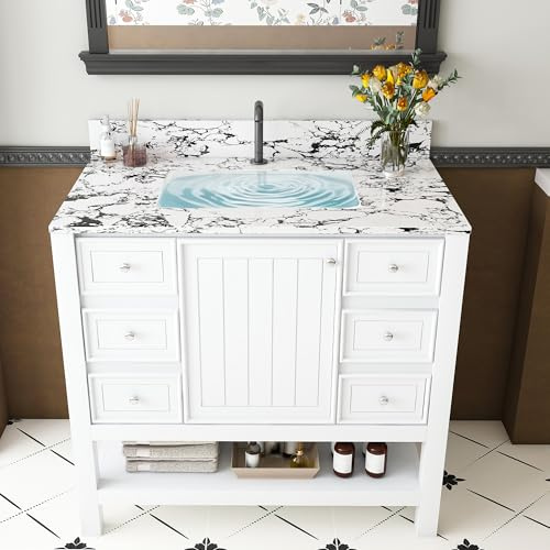 WEALTHKING Modern Single-Sink Washstand Cabinet with Ceramic Basin, Marble-Style Countertop, Soft-Close Door, 3 Glide Drawers, Open Shelf Organizer, Pre-Drilled Faucet Hole, MDF Wood Frame