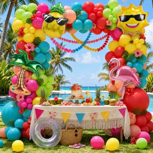 161pcs Summer Tropical Balloon Arch Garland Kit -Hot Pink Red Orange Green Yellow Ballloon for Hawaiian Summer Beach Aloha Luau Birthday Baby Shower Party Decor