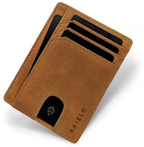 AKIELO Tarjetero de Hombre con Bloqueo RFID y Caja Regalo – Cartera Ultrafina de Viaje – Cartera Minimalista y Protector de Tarjetas (Bravo - Edición Marrón Claro)