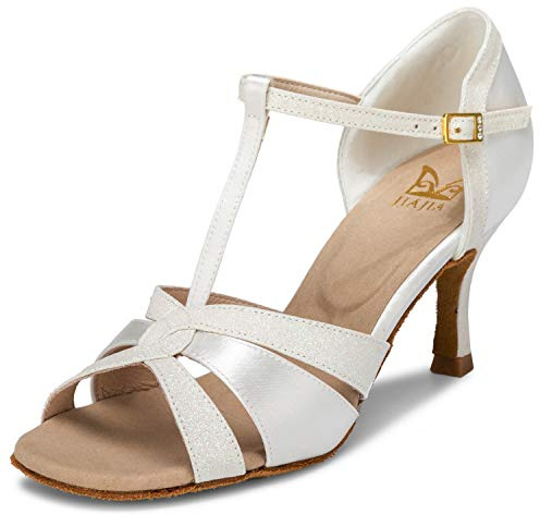 JIAJIA 20519 Women's Satin Sandals Flared Heel Latin Salsa Performance Dance Shoes Colour Ivory,Size 5 UK/38 EU
