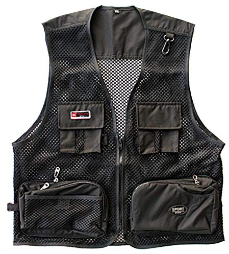 Shengwan Chaleco de Malla Hombre Multi-Bolsillos Respirable Chaleco al Aire Libre para Fotografía Caza Acampada Pesca Negro 2XL