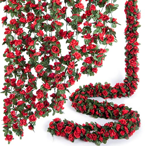 PONKING 8 Pcs x 8.2 ft Flower Garland Artificial Rose Vine Flowers with Green Leaves Hanging Fake Roses Vine for Room Party Home Wedding Birthday Christmas Wall Arch Decor, Spring Red Flower