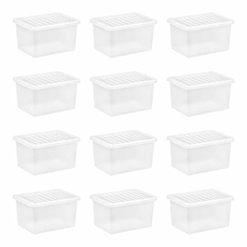 (Set of 12) 25L Litre Crystal Clear Transparent Plastic Large Storage Boxes With Lids Storage Containers Stackable Boxes For Living Room Bedroom Shoes Toys Garage Office Home & Kitchen
