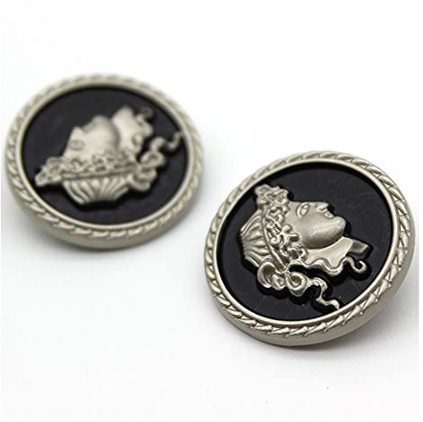 5 PCS Round Metal Pattern Button Human Head Pattern Gold Silver Button for Clothes Decorative Accessories (Black Silver, 18mm)