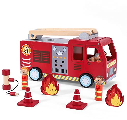 SOKA Wooden Fire Engine Truck with Firefighter Figurines Educational Montessori Blocks Firefight Vehicle Toy Set Gift for Children Kids Boy Girl Ages 3 years old +