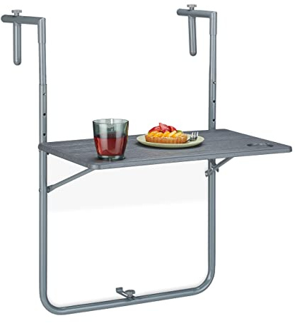 Relaxdays Mesa Plegable Balcón, 3 Alturas, 59,5x60 cm, Mesita Colgante con 2 Posavasos, Mueble Exterior Barandilla, Gris