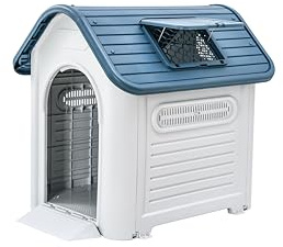 Lanco - Caseta para Perros Grandes con Techo Solar Ajustable. Uso Interior y Exterior con respiraderos. Material Resistente. 109x84x97cm. Azul y Blanco.