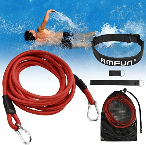 AMFUN Cintura da Nuoto, 3M Regolabile Cinture da Piscina, Cintura da Allenamento per Nuoto, Elastico Nuoto Statico, Swim Training Guinzaglio, per Appassionati di Nuoto, Principianti e Professionisti
