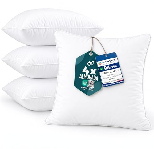 Flowen Cojines Sofa 30x30 Almohadones 4 Unidades Decorativos Relleno Cojin Hipoalergénico Antiácaros y Suave Cuadrado con Funda Exterior Almohada Respirable en Microfibra Blanca Extraíble y Lavable
