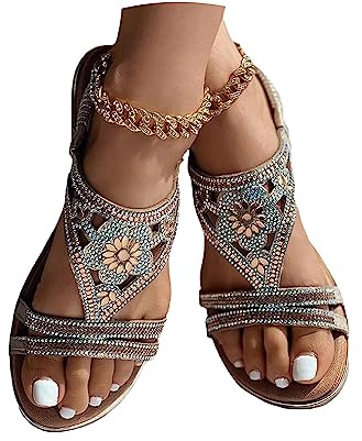 tinetill Sandali da donna Sandali piatti con strass Sandali estivi Boho Sandali open toe da esterno Sandali da spiaggia comodi per il tempo libero Sandali eleganti
