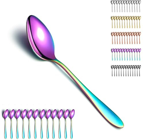 Berglander Cucchiai da zuppa arcobaleno 12pcs, cucchiaio da cena in acciaio inossidabile con placcatura colorata in titanio, cucchiaio da tavola, Cucchiai da zuppa