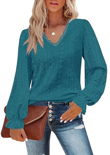 Flikity Ladies V Neck Tops, Long Sleeve Tops Women Casual Work Blouses Ladies Shirts Size 20 Sexy Hollow Lace Top for Going Out Party Tunic for Leggings Spring Autumn Winter Clothes XL Peacock Blue