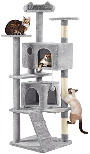 Yaheetech Albero Tiragraffi per Gatti 178 cm con 3 Posatoi 2 Palle 2 Condomini 3 Tiragraffi a Corda di Sisal Gioco Giocattolo Grigio Chiaro