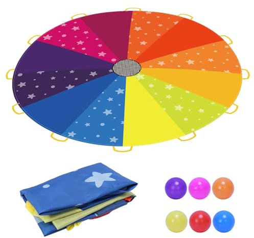 LOOPES Parachute Toys for Kids,8ft Rainbow Play Parachute Wind Tent with 12 Colorful Balls&Handles Outdoor Lawn Games&Activities for Kids Children Cooperative Play and Outdoor Playground Equipment