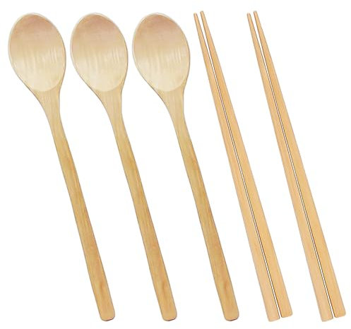 Juego de 3 Cucharas de Madera Con Mango Largo, 2 Pares de Palillos y Utensilios de Cocina Para Hornear