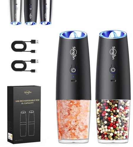 Sangcon Gravity Set Macina sale e pepe elettrico ricaricabile USB con luce LED, 6Oz Capacità, funzionamento con una sola mano, macinazione automatica, Grossolana Regolabile (Nero)