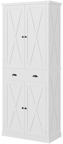 IRONCK Kitchen Pantry Storage Cabinet 83.9 H, with Barn Doors, Drawer, 4 Adjustable Shelves, Freestanding Cupboard for Dining Room Living Room, Laundry, White