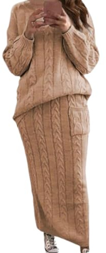 Conjunto de 2 Piezas de Falda Tubo Larga de Punto Trenzado Grueso para Mujer, suéter de Cuello Redondo, Falda Tubo Larga (Khaki,S)