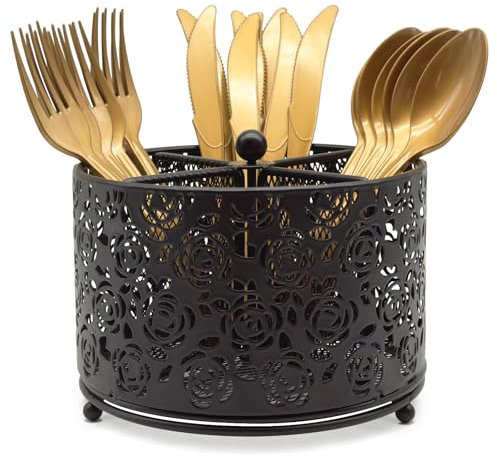 DysanVica Rotating Metal Silverware Caddy - Utensil Holder Countertop Black