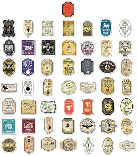 Lot de 50 étiquettes pour bouteilles de potion, autocollants de potion magique, autocollants d'élite mystique, autocollants imperméables, étiquettes de bouteilles de sorcière, pharmacie magique