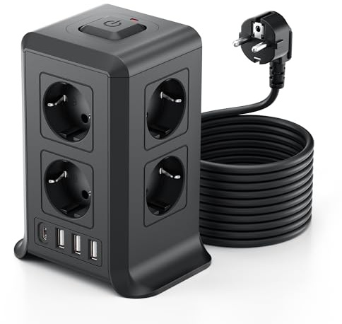 Torre Regletas Enchufes, Regleta USB 8 Tomas de AC y 4 USB Enchufe Multiple, 2500W/10A,Regleta Enchufes Proteccion Sobretension, 3 M Regreltas Vertical con Interruptor para Mesa, Oficia, Casa, Negro