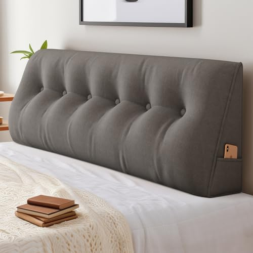 ShowyLive Cojín de Respaldo, Cojín de Lectura Triangular Simple para Cama o Sofá, Almohada de Lectura, Respaldo de Cama con Bolsillo Lateral, Funda Extraíble y Lavable (150 x 50 x 20 cm, Gris Oscuro)