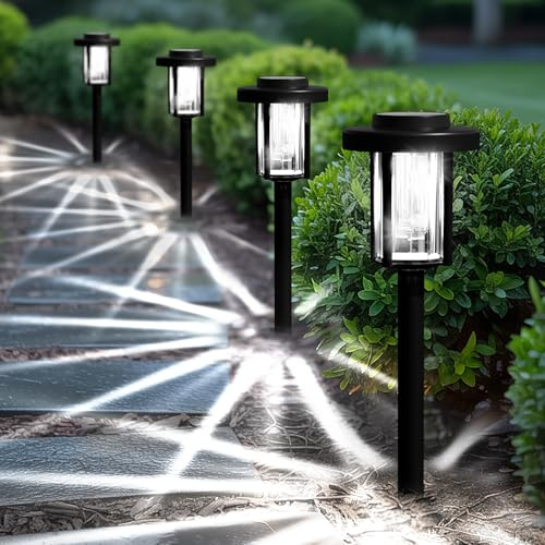Solpex Lámparas solares para exteriores, 4 unidades de luces LED solares para jardín, decoración de jardín, impermeable, iluminación solar para caminos, jardines, terrazas, paisajes, pasarelas, blanco