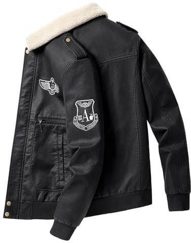 Generisch Giacca da aviatore da uomo in ecopelle con colletto Sherpa - Giacca da pilota imbottita con toppe | Classica giacca da mezza stagione in stile vintage, Stil_o01 Nero, XXL