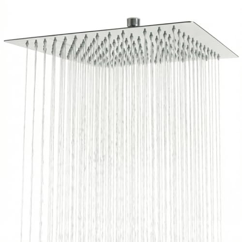 Ribech Soffione Doccia Pioggia Quadrato in Acciaio Inox, Doccia Alta Pressione con Ugelli Silicone Autopulenti, Snodo Sferico Regolabile 360°, Cromo – da Parete o Soffitto