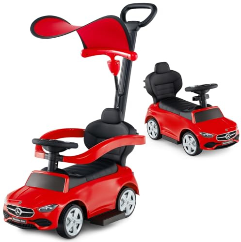 GOPLUS Coche Correpasillos 3 en 1 para Niños, Mercedes-Benz Licenciado, Correpasillos para Empujar con Capota Ajustable, Almacenamiento Bajo el Asiento, Sonidos, para Niños de 18+ Meses (Rojo)