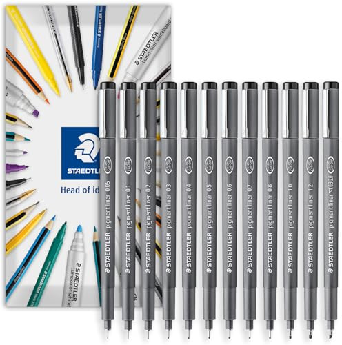 STAEDTLER 308 Pigment Liner Fineliner-penna – perfekt för att skriva, skissa, teknisk ritning, markera – svart bläck – i kuvert presentförpackning (komplett sortimentpaket med 12)