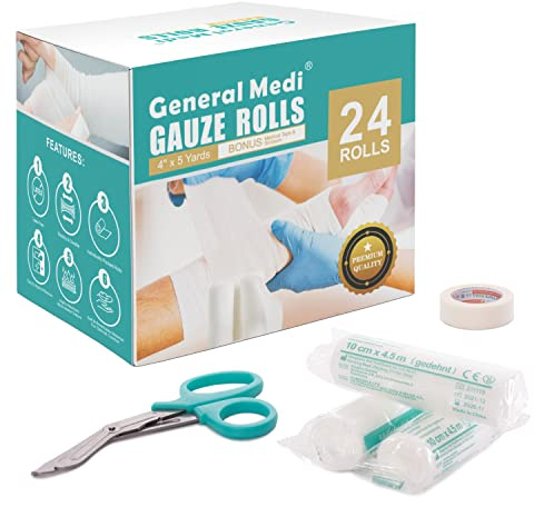 General Medi Conforming Bandage, 4” x 5 Yards Stretched, 24-Pack Gauze Bandage Rolls with Bonus Tape + Scissors, First Aid Supplies, Non-Sterile