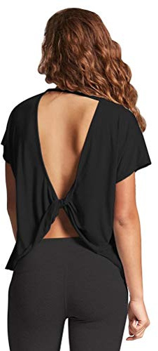 Mippo Workout Shirts Gym Tops Open Back Backless Top Athletic Gym Clothes Short Sleeve Workout Tops for Women Black L