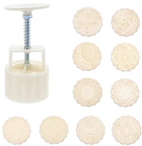 Faneli - Set di 11 stampi per Dolci a Forma di Luna, stampi a Mano + 100 g di timbri a Forma di Fiore, Design Floreale, stampini Rotondi in plastica, Utensili per la Decorazione di pasticcini