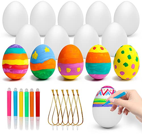 24X Ostereier Plastik Weiß,Ostereier Deko Eier,Ostereier aus Plastik, Kunstoffeier Plastikeier aus Plastik, Aufhängen Eier mit Seil,Ostern Basteln Bemalen für Dekoration und Geschenk,mit 6 Farbpinsel