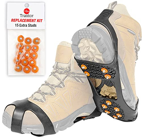 Traxtor Tacos antideslizantes para zapatos de invierno, garras de zapatos para hielo y nieve, crampones como protección antideslizante en hielo liso, incluye 15 tacos de nieve de repuesto