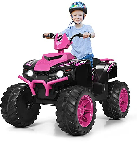GOPLUS ATV Quad Eléctrico 12V para Niño de 3 a 7 Años, Moto Electrica Infantil con LED Música USB Bluetooth, Vehículo Eléctrico con Arranque Lento, Velocidad 2,8-5 km/h, Carga Máxima 35 KG (Rosa)