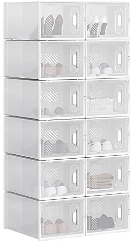 WOLTU Schuhregal mit 12 stapelbaren Schuhboxen Schuhschrank Regalsystem mit Magnetverschluss Steckregal aus Kunststoff DIY 25x19x35 cm transparent weiß