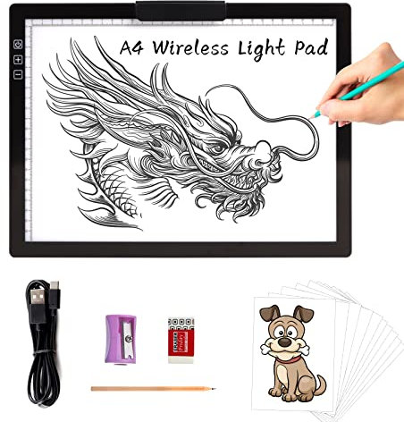 TOHETO A4 Kabellos LED Leuchttisch mit Innovativem Ständer und oberem Clip, Wiederaufladbar Leuchtkasten Stufenlos Dimmbar 6 Helligkeitsstufen Leuchttafel Leuchtplatte zum Diamantmalerei (Schwarz)