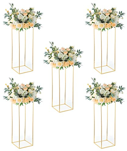 Fullvaseer 31.5inch Wedding Centerpieces for Tables,5pcs Gold Centerpieces,Tall Column Geometric Floral Vase for Birthday Party Event Table Decoration