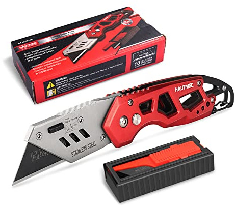 HAUTMEC Folding Utility Knife, Heavy Duty Aluminum Box Cutter with Belt Clip & Carabiner, Ergonomic Hollow Design with Non-Slip Matte Finish, Extra 10PCS SK2H Blades for Fast-Cutting Tasks (HT0263)