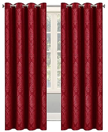 OpulentDreams Embossed Woven Thermal Curtains - Room Darkening Ring-Top Curtains for Bedroom & Living Room - Includes Tie Backs - Pair of Panels (90 x 90 (228 x 228 cm), Red - Eyelet)