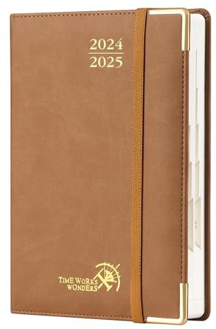 POPRUN Kalender 2024 2025 Tagesplaner 21,5 x 14,5 cm (Aug.2024-Jul.2025), Tageskalender Hardcover 1 Tag 1 Seite (Montag - Sonntag) mit PU-Leder, Monatliche Registerkarten - Braun