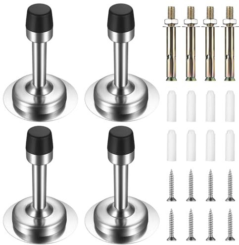 4 Pcs Door Stoppers for Skirtings, Wall Mounted Door Stoppers for Walls, Heavy Duty Stainless Steel Doorstops, Drill or Self Adhesive Rubber Door Stopper Bumper for Walls Doors