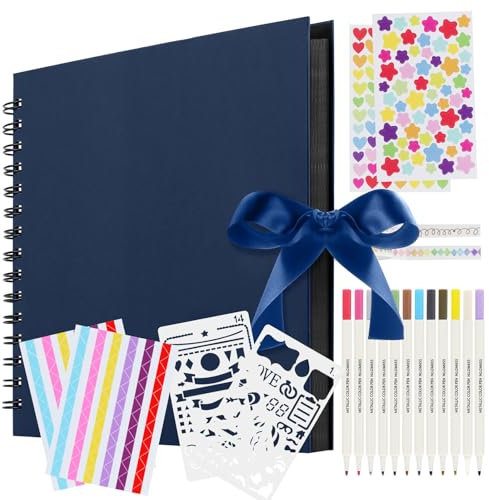 Album Fotografico Fai da Te, Scrapbooking Albums 80 Pagine Nero con 12 Pennarelli Metalliche, Spirale Album Foto Scrapbook per Nozze Battesimi Ricordi di Famiglia - Blu Marino