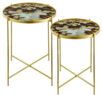 Baroni Home Set 2 Tavolini da Salotto, Tavolini Bassi Effetto Marmo, Coppia di Tavolini da Caffè con Struttura in Metallo Dorato, Verde e Ghiaccio