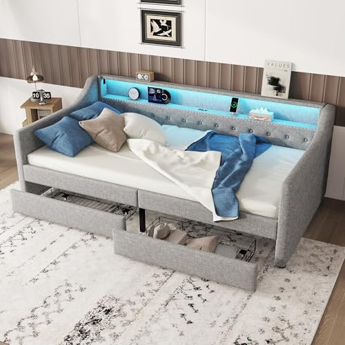 Gegtuon Schlafsofa Kinderbett Einzelbett 90x200 mit LED-Licht, USB-Sofabett Daybett Bett mit 2 Stauraum Schubladen, Jugendbett Tagesbett Bettgestell mit Lattenrost & Regal, ohne Matratze, Linen, Grau