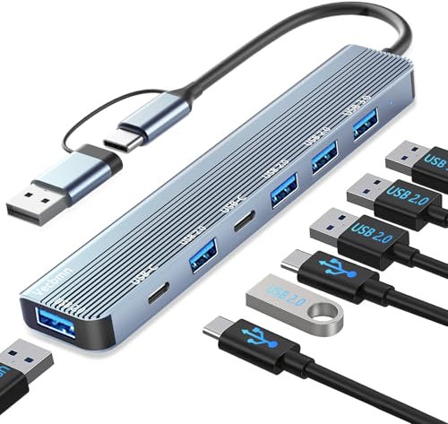 7 in 1 USB C Hub, USB Hub 3.0 Multiport Verteiler Adapter with mit U-S-B 3.0, U-S-B 2.0, USB Splitter, USB Typ C Hub für MacBook Air/Pro, Galaxy, iPad, Windows, Laptop, Desktop, PS4/PS5